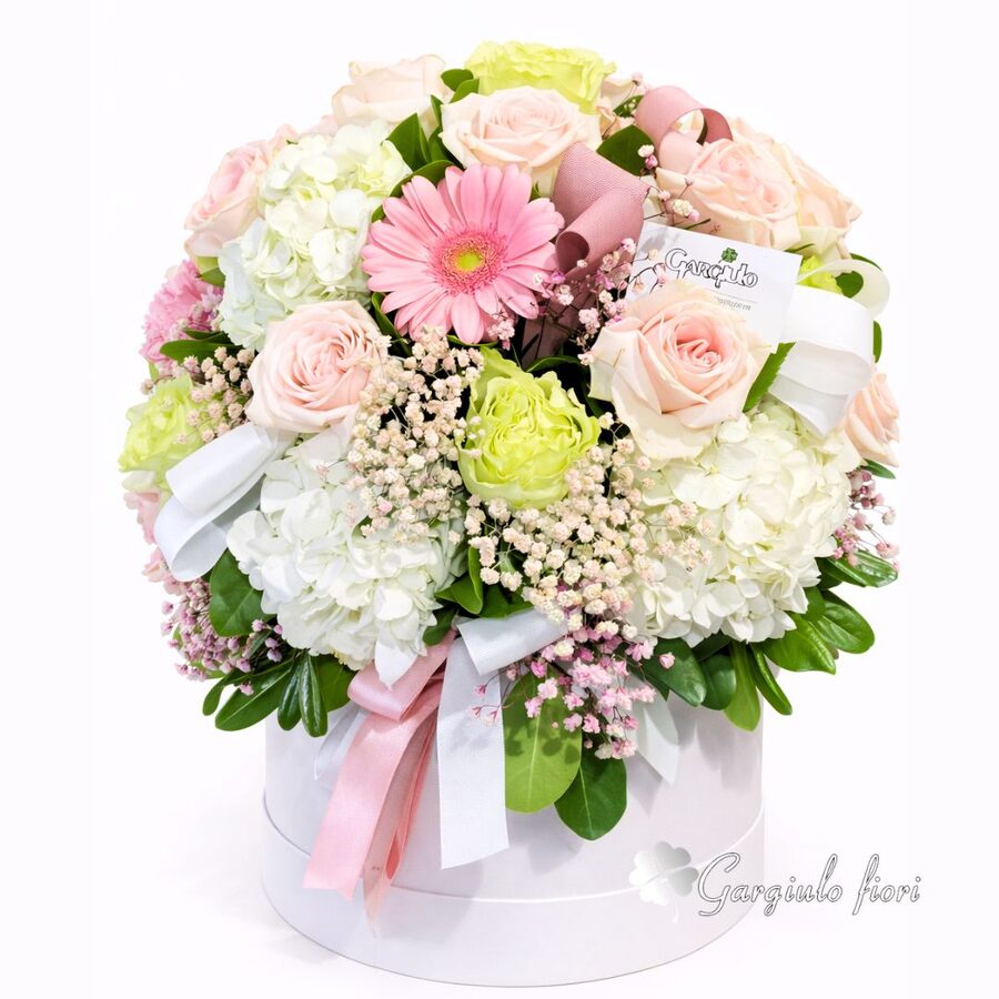 Box bianco con rose azzurre e nastro celeste Happy Everyday