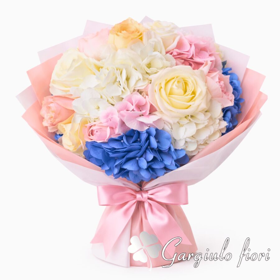 Bouquet di rose gialle e gerbere bianche con nastro giallo