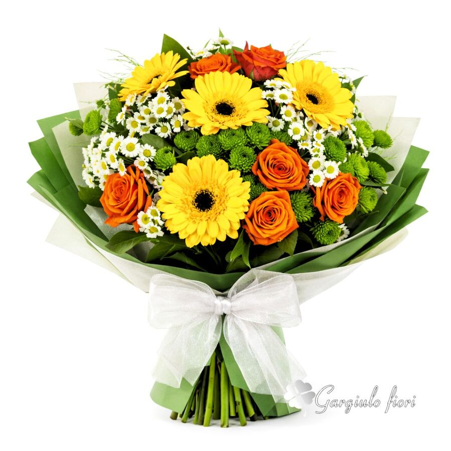 Bouquet di ortensie azzurre e bianche con fiocco verde menta